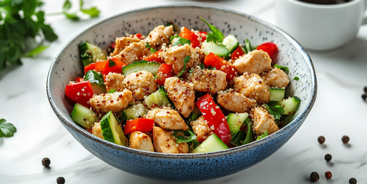 lunchsalade met kip, quinoa, komkommer en paprika