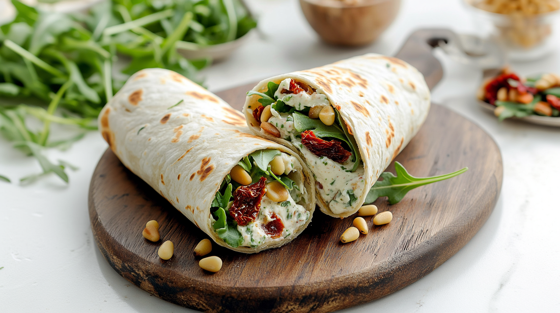 vegetarische lunchwraps met zongedroogde tomaat en rudola