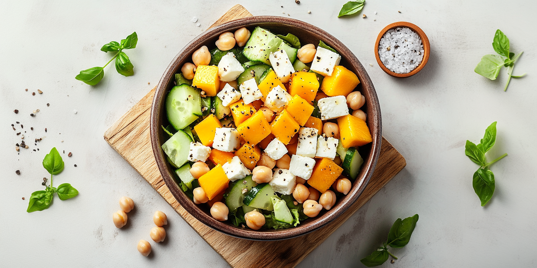 Lunchsalade met kikkererwten, feta en mango